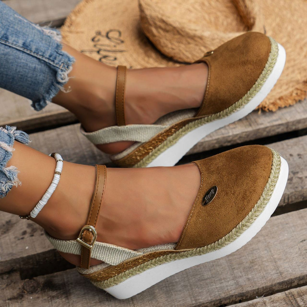 Women's Platform Wedge Espadrille Sandals - Comfortable Ankle Strap Suede Wedges with Jute Detail