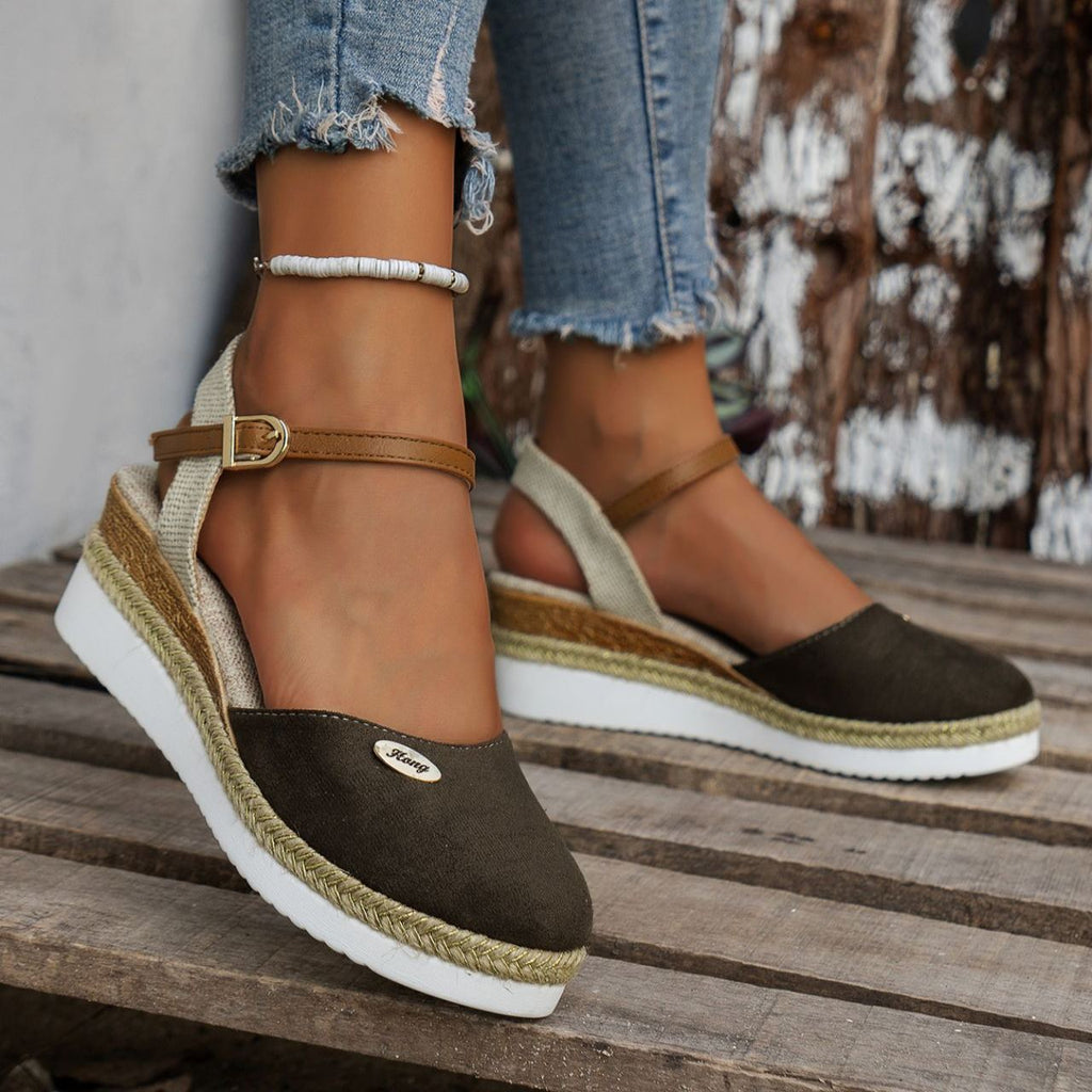 Women's Platform Wedge Espadrille Sandals - Comfortable Ankle Strap Suede Wedges with Jute Detail