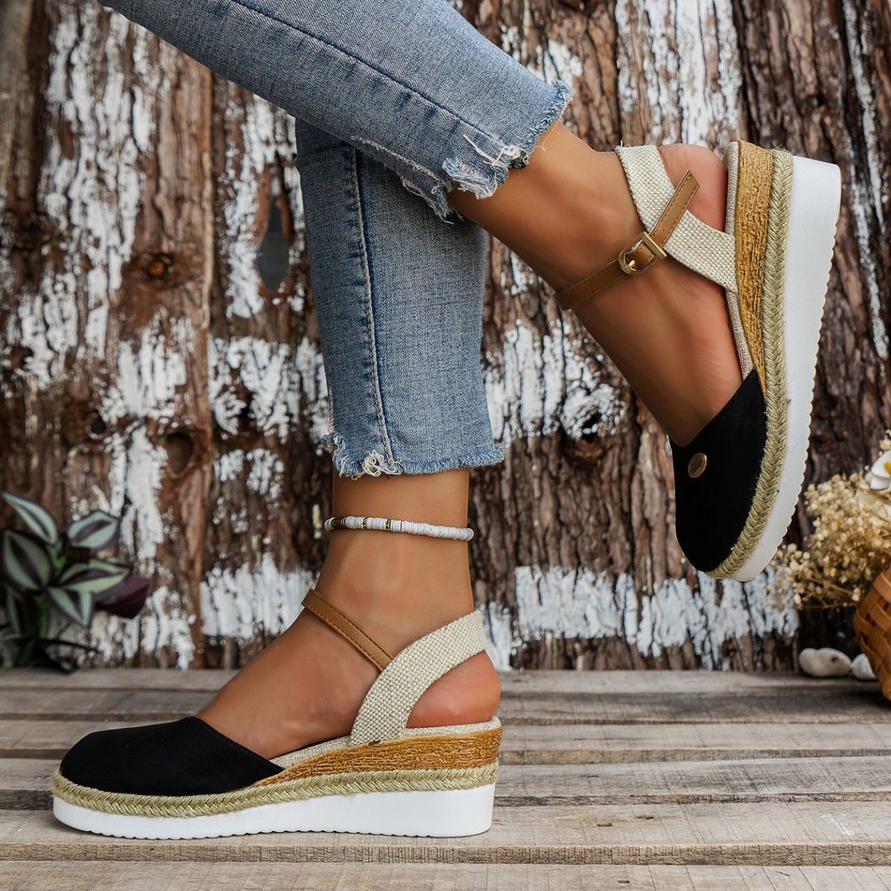 Women's Platform Wedge Espadrille Sandals - Comfortable Ankle Strap Suede Wedges with Jute Detail
