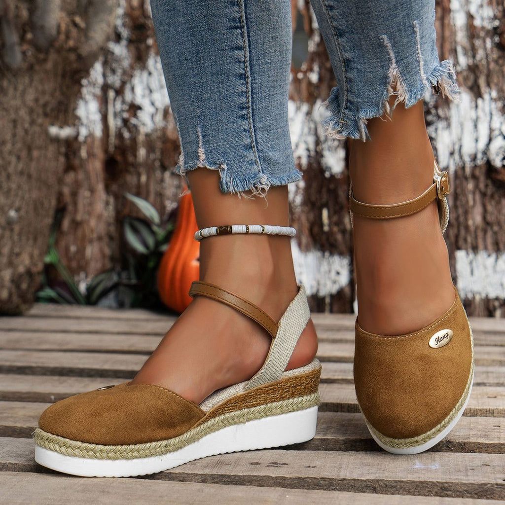 Women's Platform Wedge Espadrille Sandals - Comfortable Ankle Strap Suede Wedges with Jute Detail