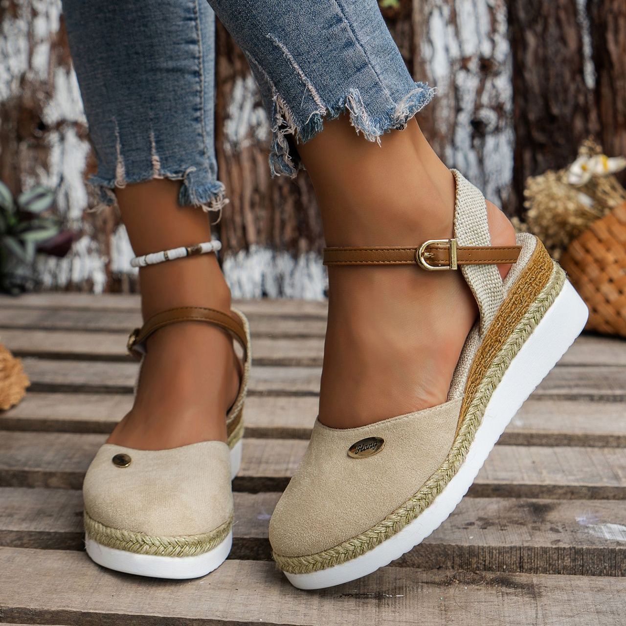 Women's Platform Wedge Espadrille Sandals - Comfortable Ankle Strap Suede Wedges with Jute Detail