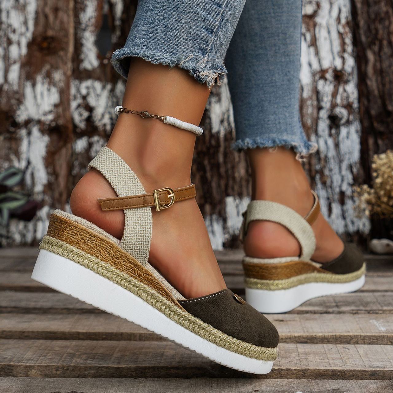 Women's Platform Wedge Espadrille Sandals - Comfortable Ankle Strap Suede Wedges with Jute Detail