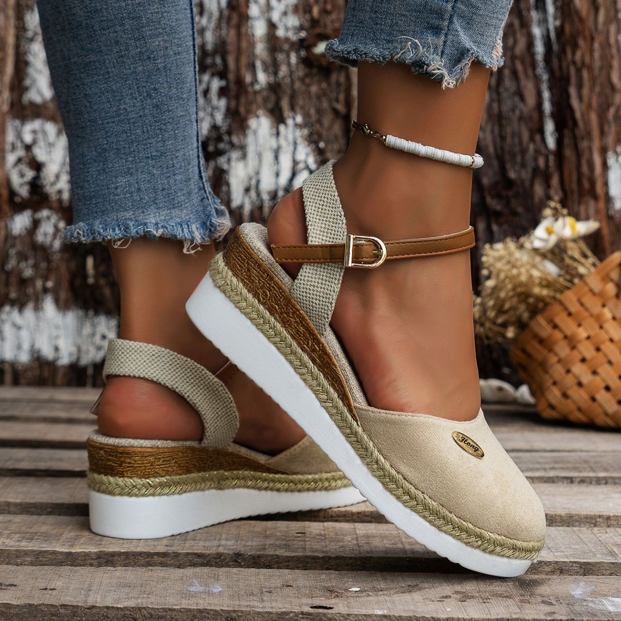 Women's Platform Wedge Espadrille Sandals - Comfortable Ankle Strap Suede Wedges with Jute Detail