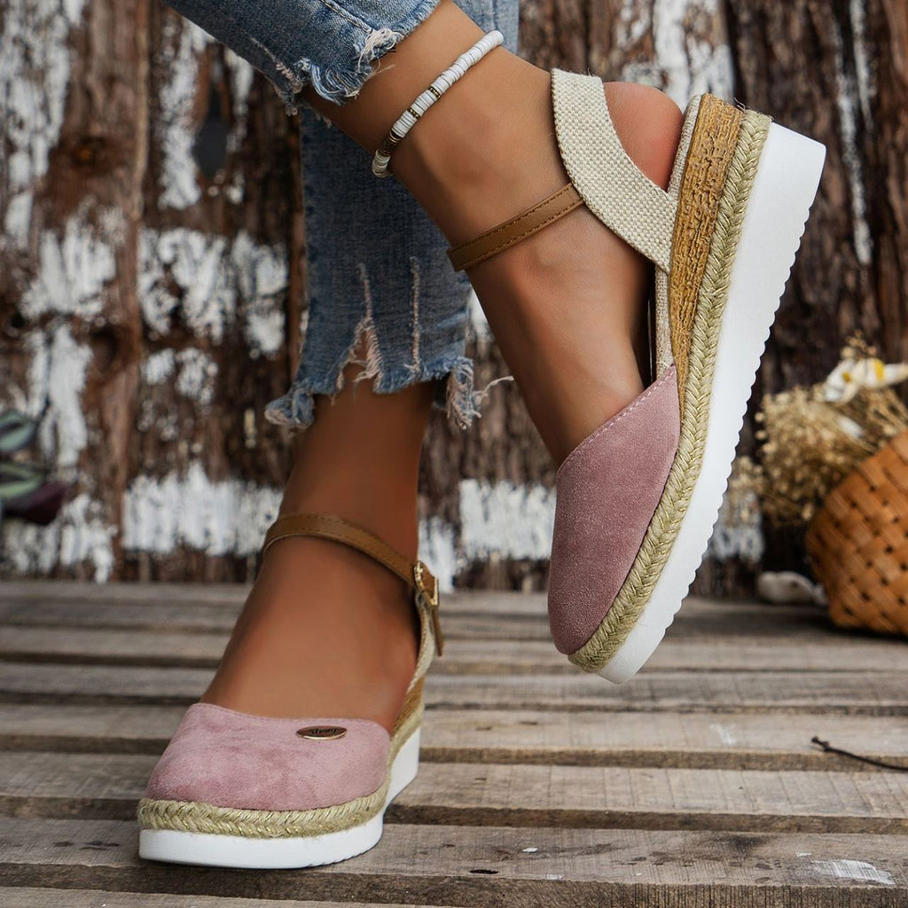 Women's Platform Wedge Espadrille Sandals - Comfortable Ankle Strap Suede Wedges with Jute Detail