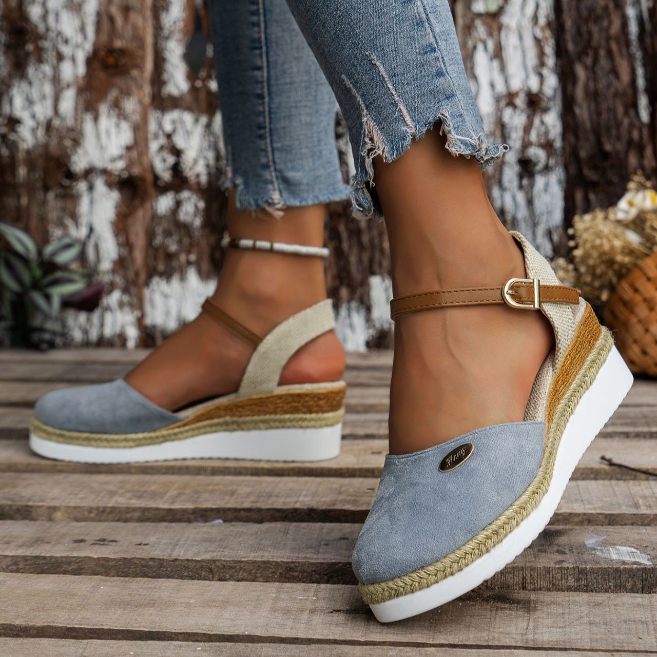 Women's Platform Wedge Espadrille Sandals - Comfortable Ankle Strap Suede Wedges with Jute Detail