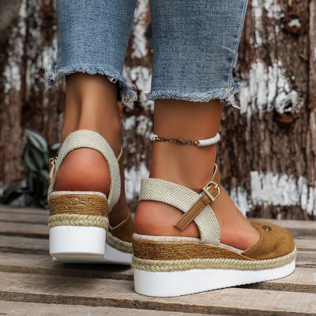 Women's Platform Wedge Espadrille Sandals - Comfortable Ankle Strap Suede Wedges with Jute Detail