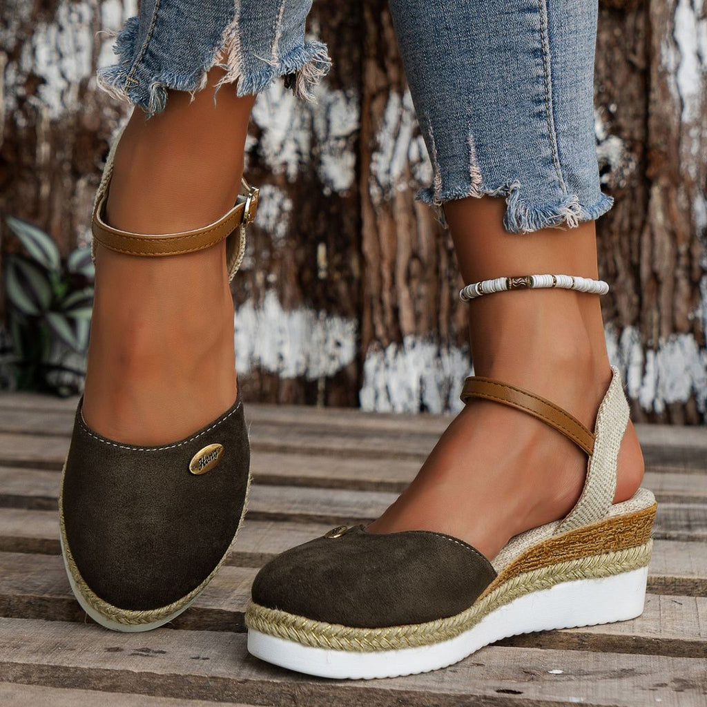 Women's Platform Wedge Espadrille Sandals - Comfortable Ankle Strap Suede Wedges with Jute Detail