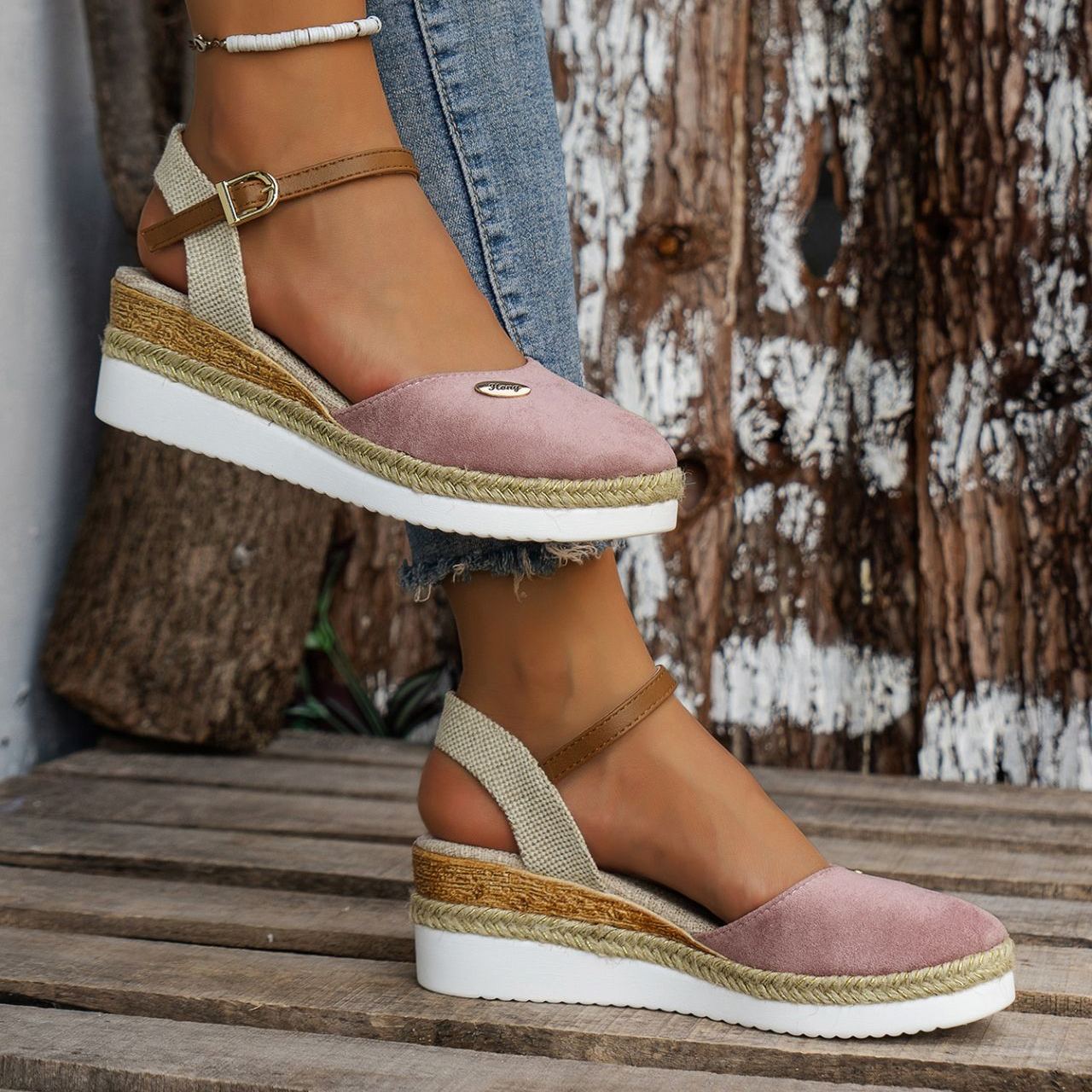 Women's Platform Wedge Espadrille Sandals - Comfortable Ankle Strap Suede Wedges with Jute Detail