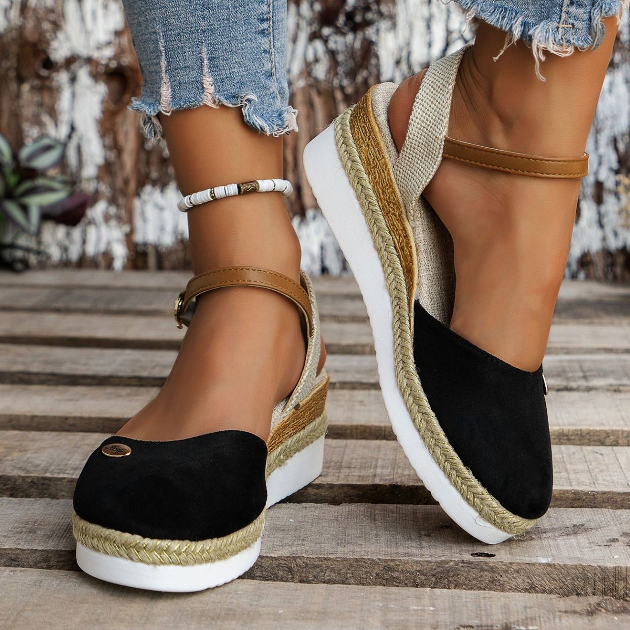 Women's Platform Wedge Espadrille Sandals - Comfortable Ankle Strap Suede Wedges with Jute Detail