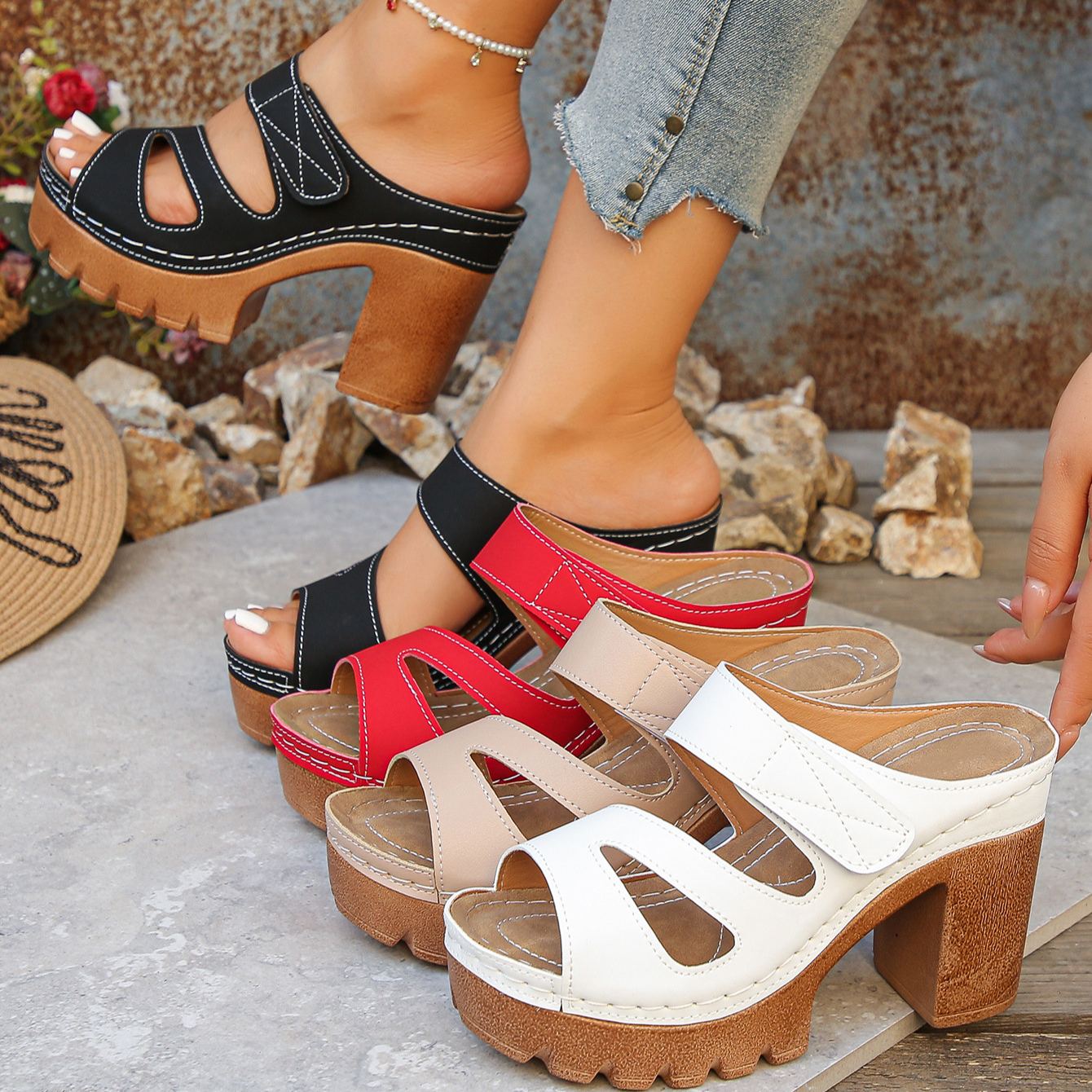 Women's 10.5cm Chunky Platform Wedge Sandals Peep Toe Cutout Velcro Strap Mules