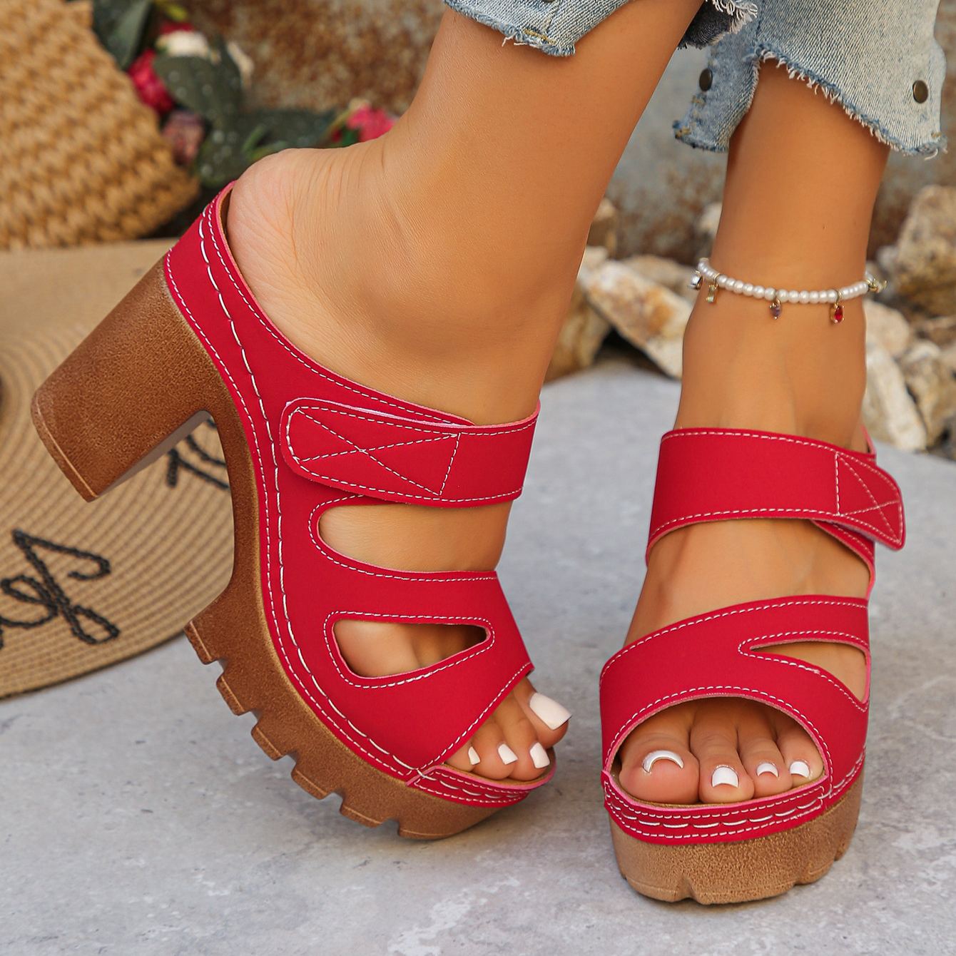 Women's 10.5cm Chunky Platform Wedge Sandals Peep Toe Cutout Velcro Strap Mules