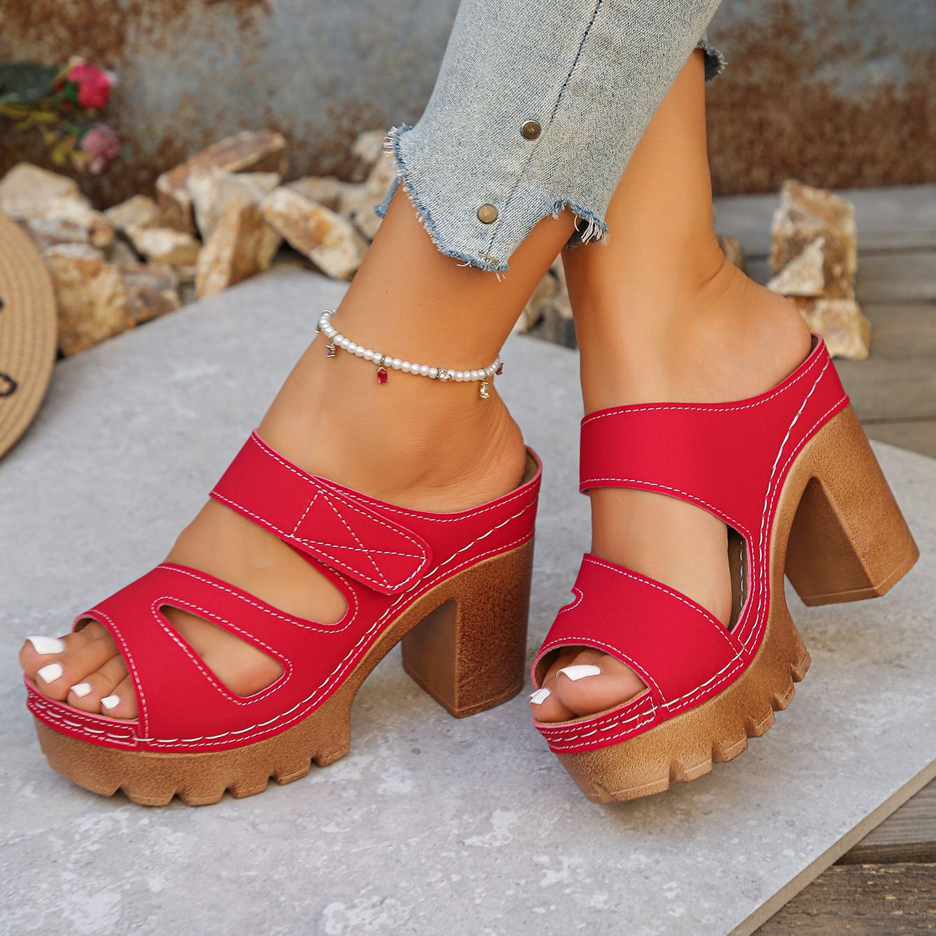Women's 10.5cm Chunky Platform Wedge Sandals Peep Toe Cutout Velcro Strap Mules