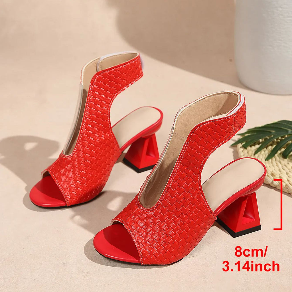 Woven Peep Toe Block Heel Mules – 8cm Chunky Geometric Heel Sandals