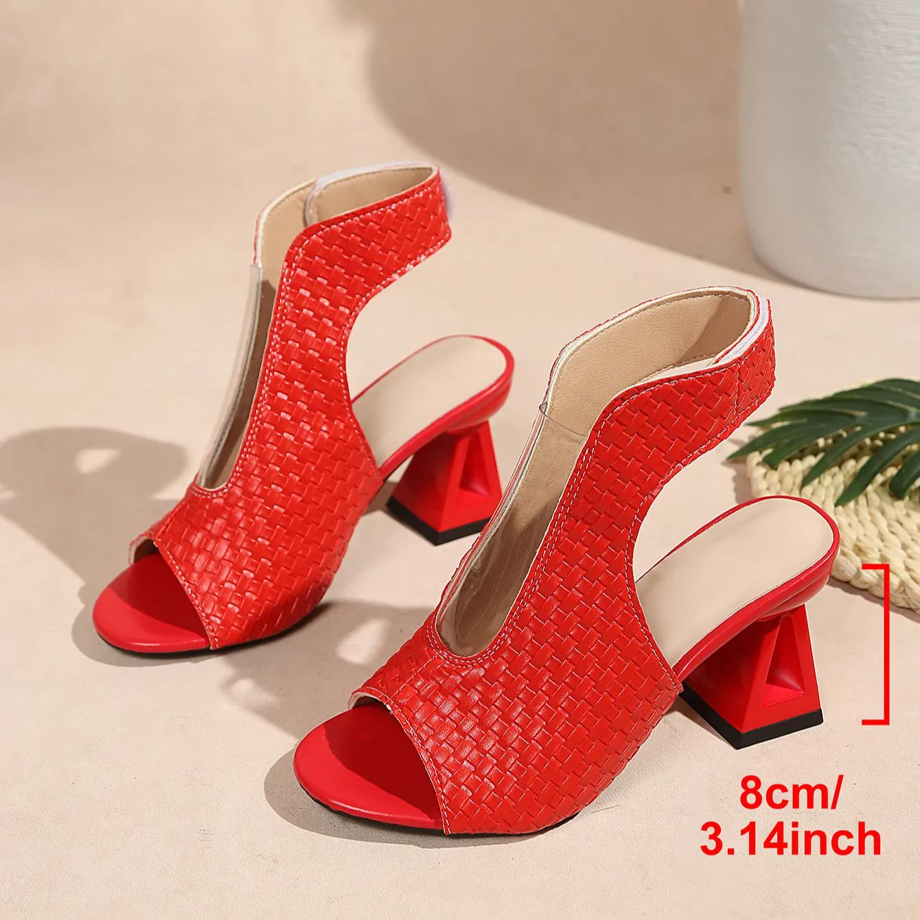 Woven Peep Toe Block Heel Mules – 8cm Chunky Geometric Heel Sandals