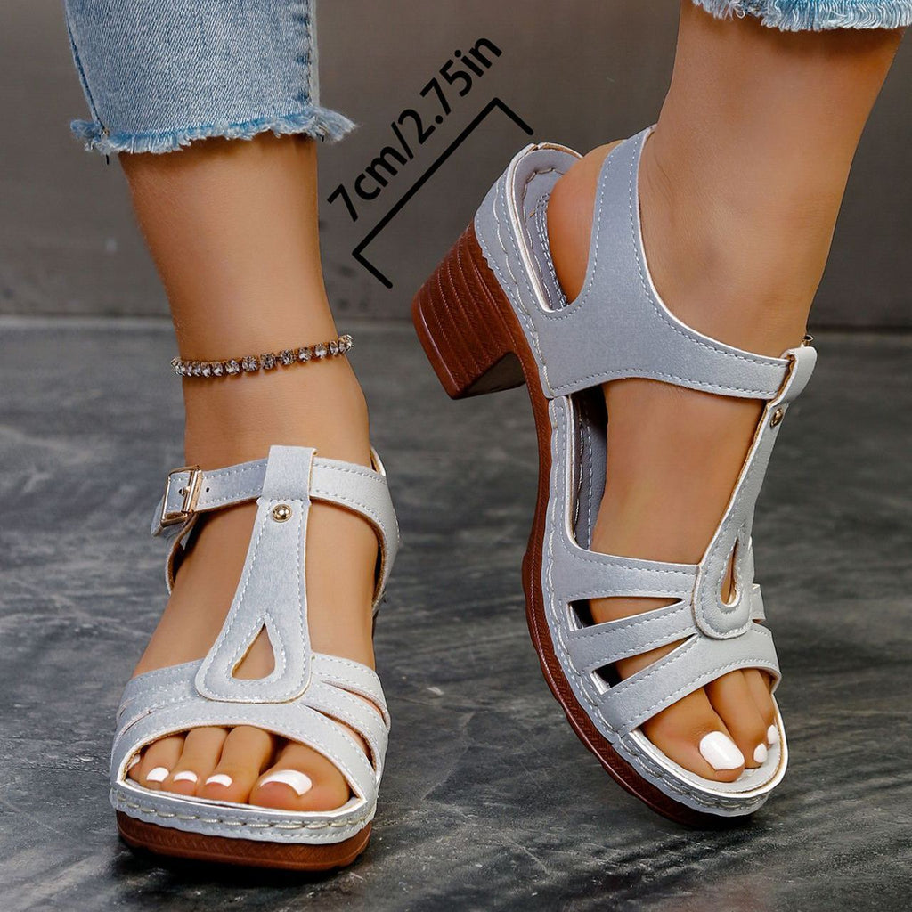 Women's 7cm Chunky Block Heel Sandals - T-Strap Cutout Platform Sandals