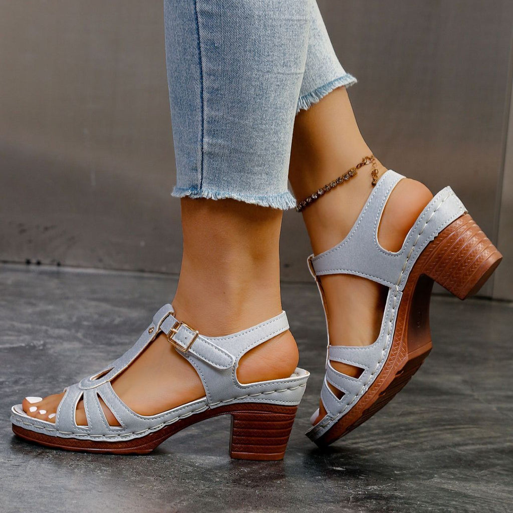 Women's 7cm Chunky Block Heel Sandals - T-Strap Cutout Platform Sandals