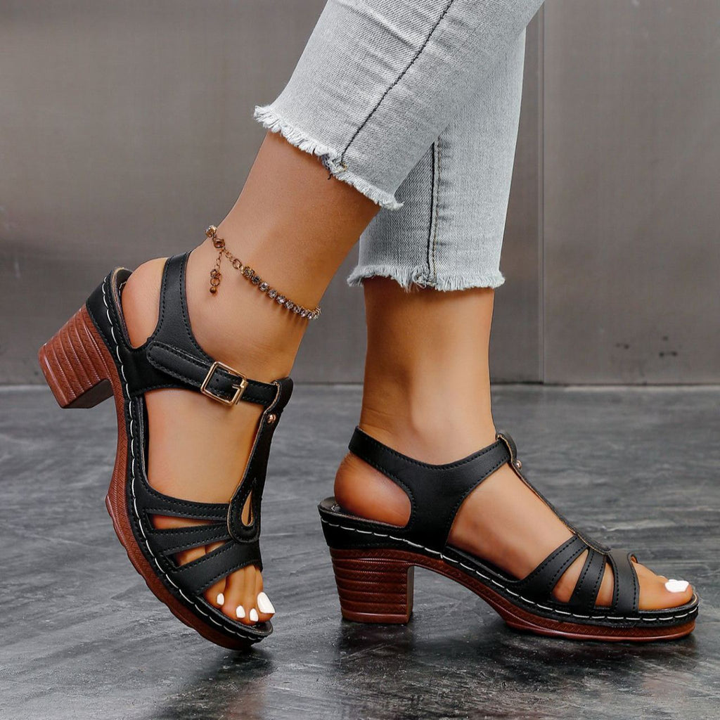 Women's 7cm Chunky Block Heel Sandals - T-Strap Cutout Platform Sandals
