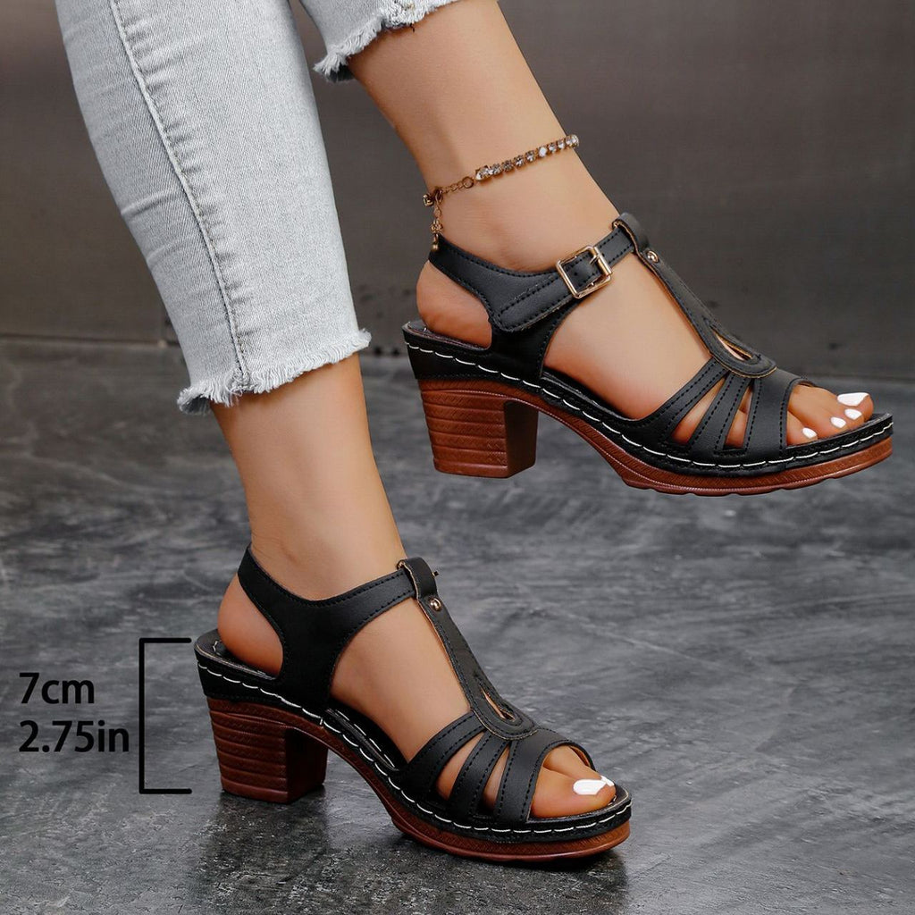 Women's 7cm Chunky Block Heel Sandals - T-Strap Cutout Platform Sandals