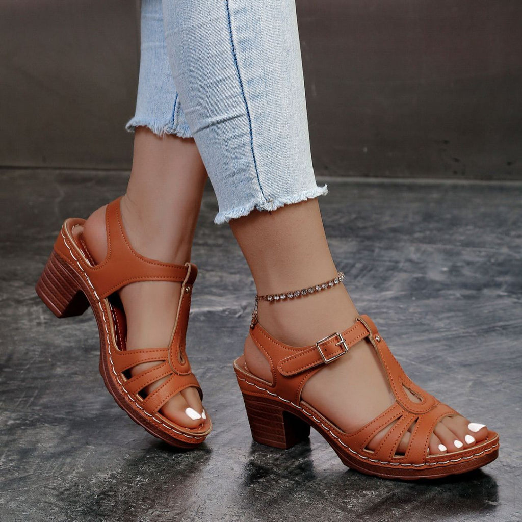 Women's 7cm Chunky Block Heel Sandals - T-Strap Cutout Platform Sandals